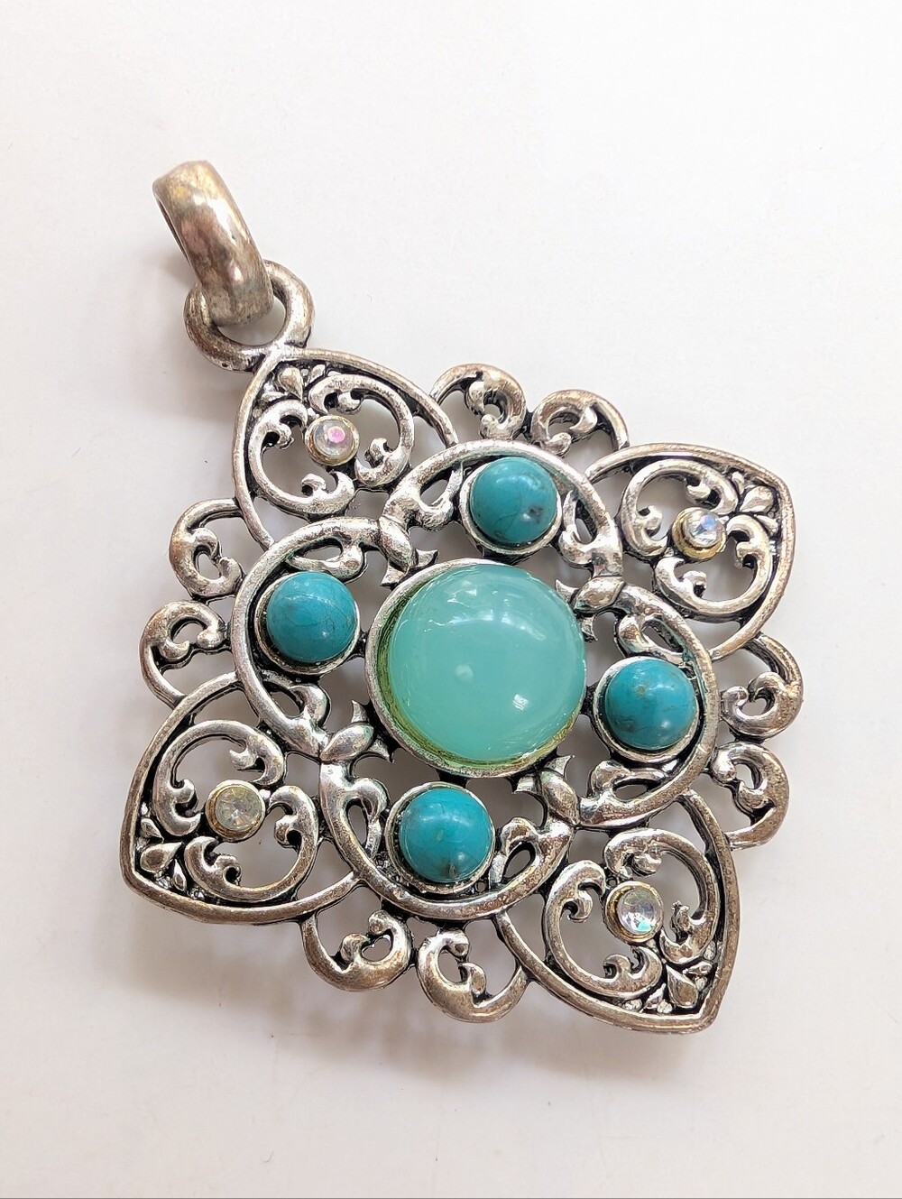 Vintage Silver Tone Filigree Chunky Blue Cabochon Boho Rhinestone Pendant